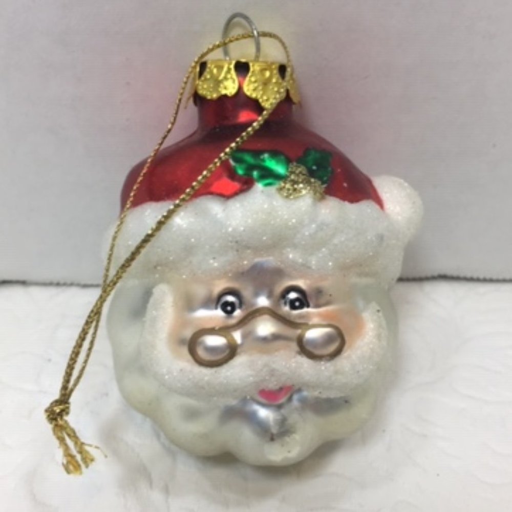 Vintage Glitter Santa Claus w/Glasses Christmas Ornament Glass2.5" Used